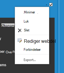 Webdelsmenu, som giver mulighed for at vælge Rediger webdel