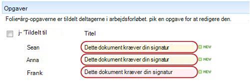 Identificere tekst i opgavetitlen på siden Status for arbejdsproces
