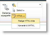 Kommandoen Rediger HTML-kilde