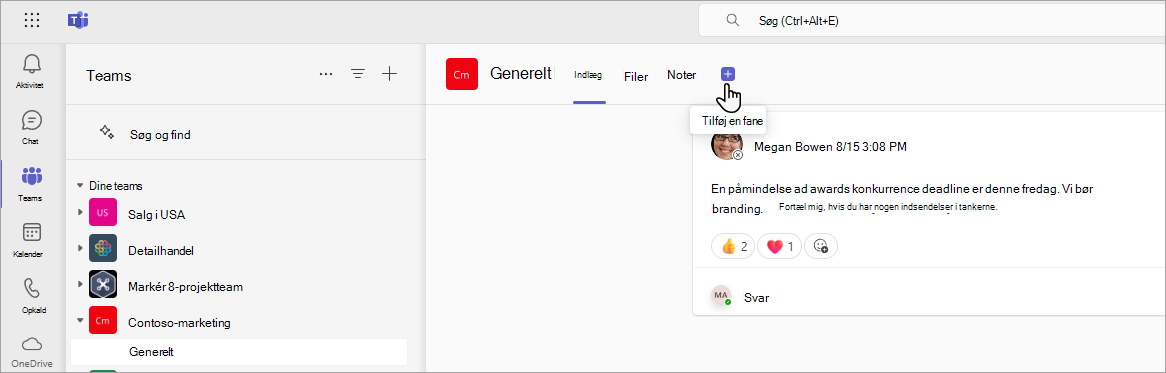 Tilføj en ny fane i Teams ved hjælp af en SharePoint-URL-adresse.