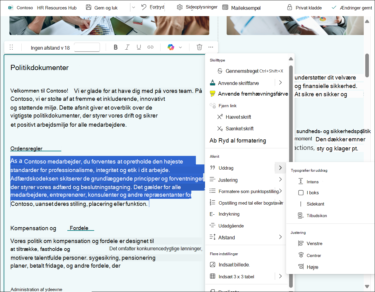 skærmbillede af redigering af teksttabel