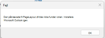Skærmbillede af fejlmeddelelsen, Den påkrævede fil PageLayout.dll blev ikke fundet