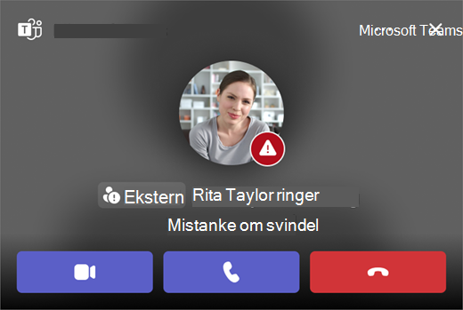 Skærmbillede af opkald mistænkt for svindel i Microsoft Teams.