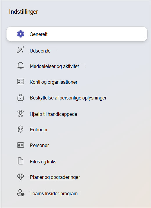 Skærmbillede af panelet Indstillinger, der viser kategorier som Generelt, Beskyttelse af personlige oplysninger og Enheder.