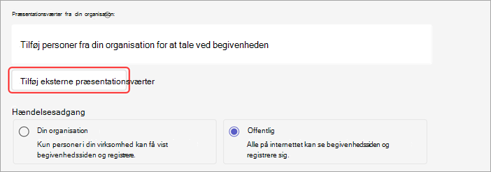 Skærmbillede, der viser, hvordan du føjer eksterne præsentationsværter til et webinar