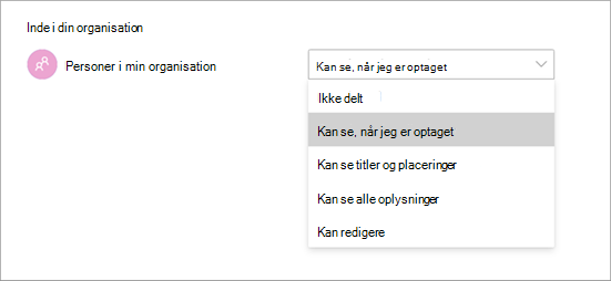 Skærmbillede, der viser forskellige adgangstilladelser, når du deler en kalender i Teams.