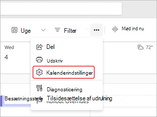Skærmbillede, der fremhæver kalenderindstillinger i Teams-kalenderen.