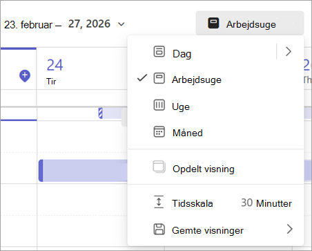 Skærmbillede af rullemenu, der viser forskellige kalendervisninger i Teams.