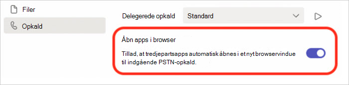 Skærmbillede af indstillinger til at slå opkaldsbesvarelse til eller fra i pop op-vinduet i browseren.