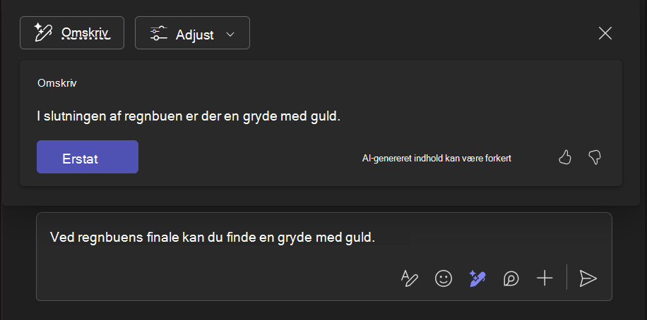Skærmbillede, der viser, hvordan Omskriv med Copilot-værktøjet hjælper med at forbedre et stykke tekst.