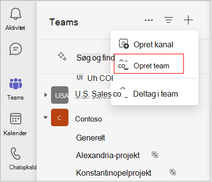 Et skærmbillede af en menu med muligheder for at oprette en kanal, oprette et team eller deltage i et team. Vælg Opret team for at oprette et team. Den viser også en liste over eksisterende teams og kanaler.