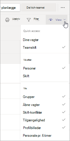 Tilpas planlægningsvisningen i Vagter ved hjælp af indstillingerne i menuen Vis.