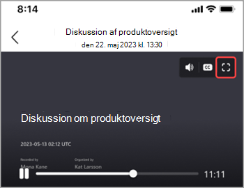 Tryk på fuldskærmsikonet for at få vist en mødeoptagelse på hele din skærm.