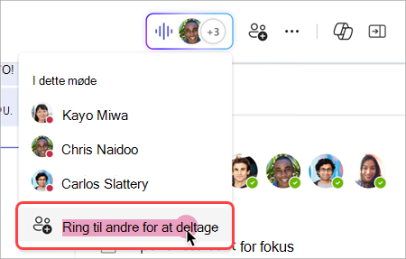 Skærmbillede, der viser, hvordan du ringer til andre fra liveindikatoren i et gruppechatchatmøde.
