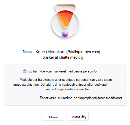 Tekst, der beder brugeren om at acceptere eller blokere ny chat