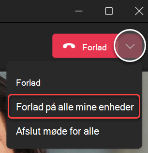 Skærmbillede af rullelisten Forlad møde i Teams til skrivebord.