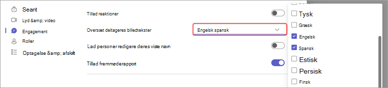Mødeindstilling, der viser, hvordan du tilføjer sprog til liveoversatte billedtekster i en begivenhed.
