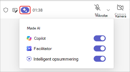 Skærmbillede, der fremhæver indstillingen Møde-AI øverst i et Teams-mødevindue