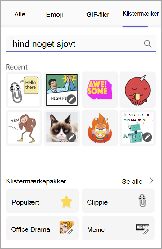 Skærmbillede, der viser memes og klistermærker i den sjove vælger