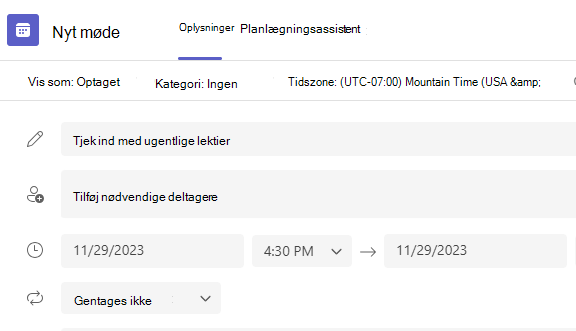 Nye mødeoplysninger til en ugentlig indtjekning med hjemmearbejde
