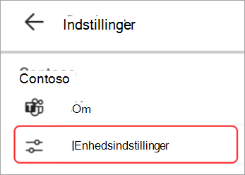 Skærmbillede af brugergrænsefladen til enhedsindstillinger fremhævet i Teams-panel