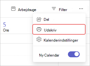 Skærmbillede, der fremhæver indstillingen Udskriv i en Teams-kalender.