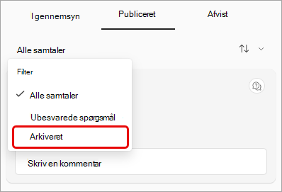 Skærmbillede af rullemenuen Q&A-filter med arkiveret fremhævet.