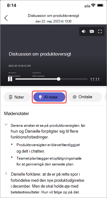 Få vist noter genereret af kunstig intelligens i Teams-mødeopsummering.