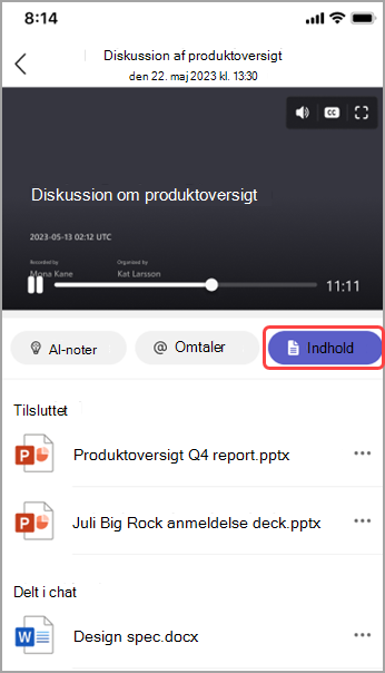 Få vist delt indhold i opsummering af Teams-møde.
