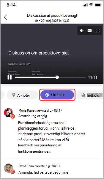 Få vist navneomtaler i opsummering af Teams-møde.