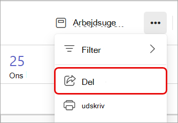 Skærmbillede, der fremhæver indstillingen Del i en Teams-kalender.