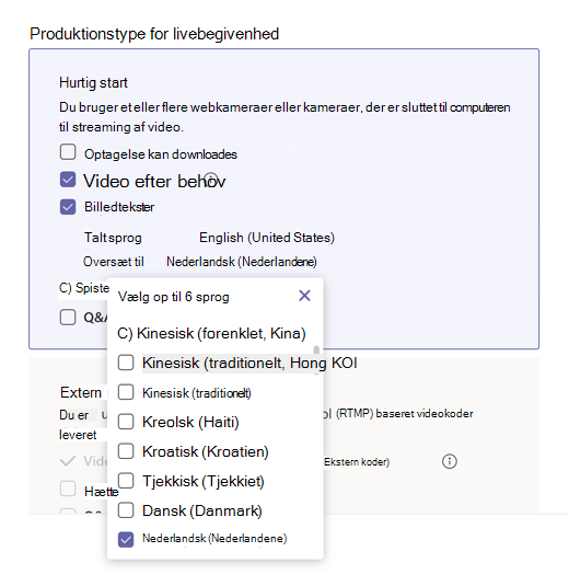 Menuen Tilgængelige sprog