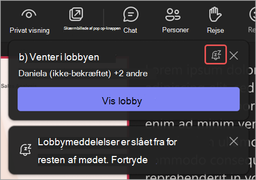 Skærmbillede af en lobbymeddelelse, der fremhæver ikonet Slå lyden fra for disse meddelelser.