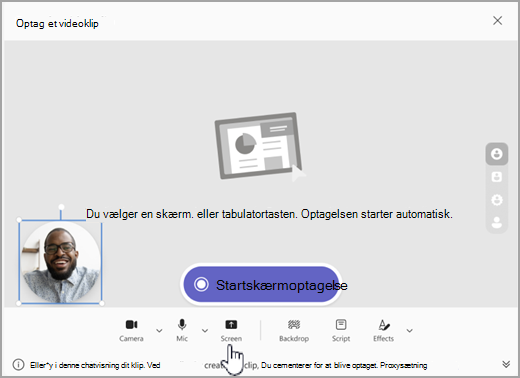 Skærmbillede af muligheden for at starte skærmoptagelse i Microsoft Teams.