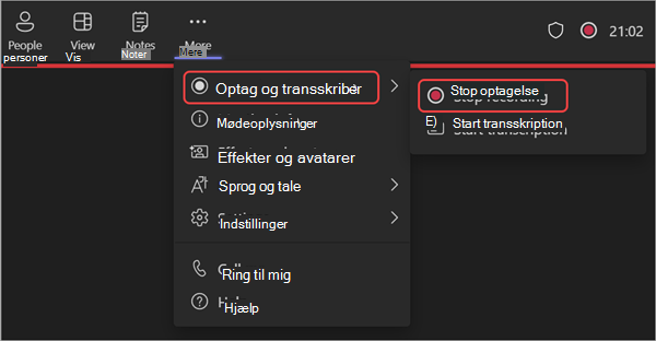 Skærmbillede, der viser, hvordan du stopper optagelsen under et webinar