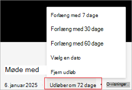 Skærmbillede, der fremhæver, hvordan du forlænger en udløbsdato for optagelse i Microsoft Stream.