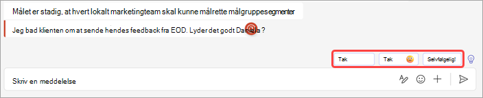 Skærmbillede, der viser foreslåede svar i chat