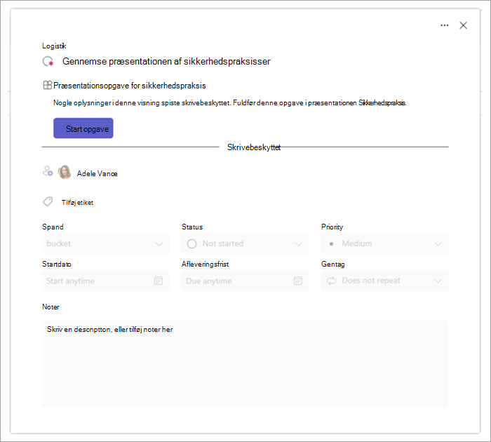 Eksempel på siden med opgaveoplysninger for en appbaseret opgave