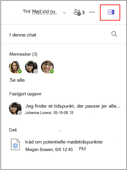 Skærmbillede af, hvordan du får vist en chatoplysningsrude, der indeholder en liste over 3 personer, 1 fastgjort meddelelse og 1 delt dokument.
