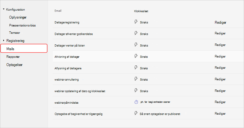 Skærmbillede af fanen Kommunikation i webinarindstillinger, der viser webinarmails