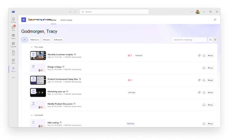 Skærmbillede, der viser appen Opsummeringer af møde, der er åben i Microsoft Teams med en samling af tidligere mødeopsummeringer.