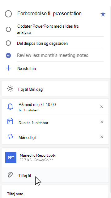 Detaljevisning af opgaven Forberedelse af præsentation med månedlig Report.pptx vedhæftet og indstilling for Tilføj fil markeret