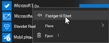 Genvejsmenuen for Åbn Microsoft To Do og Fastgør til start markeret