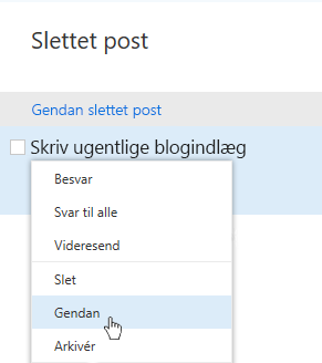 Et skærmbillede, der viser menuen for gendannelse af slettede elementer