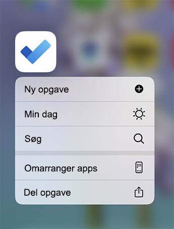 Menuen Udfør hurtig handling er åben med mulighed for at tilføje ny opgave, føje til Min dag eller Finde en opgave