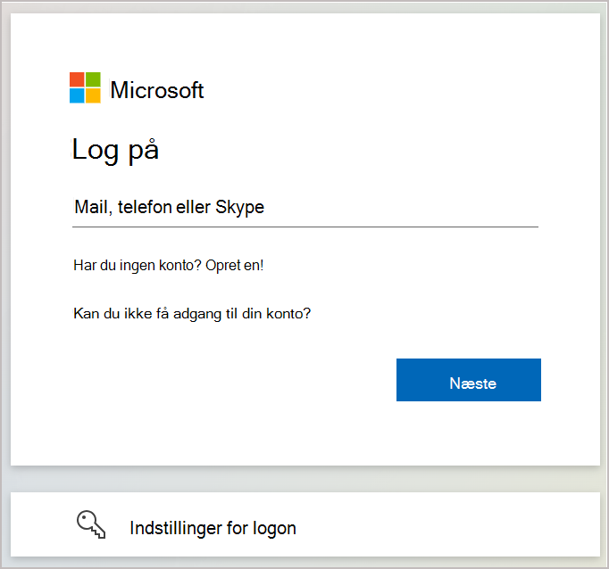 Skærmbillede, der viser dialogboksen til logon, hvor du angiver den mailadresse eller det telefonnummer, der er knyttet til din Microsoft-konto.