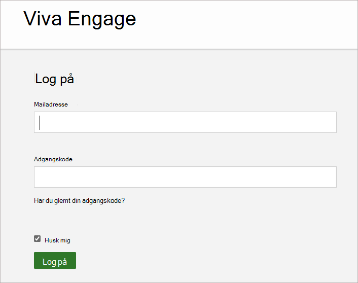 Skærmbilledet viser skærmen, hvor du angiver den mailadresse og adgangskode, der er knyttet til din Viva Engage-konto.