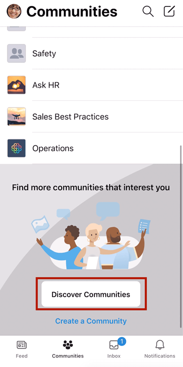 Skærmbillede, der viser søgning efter Yammer-communities på mobil med markering