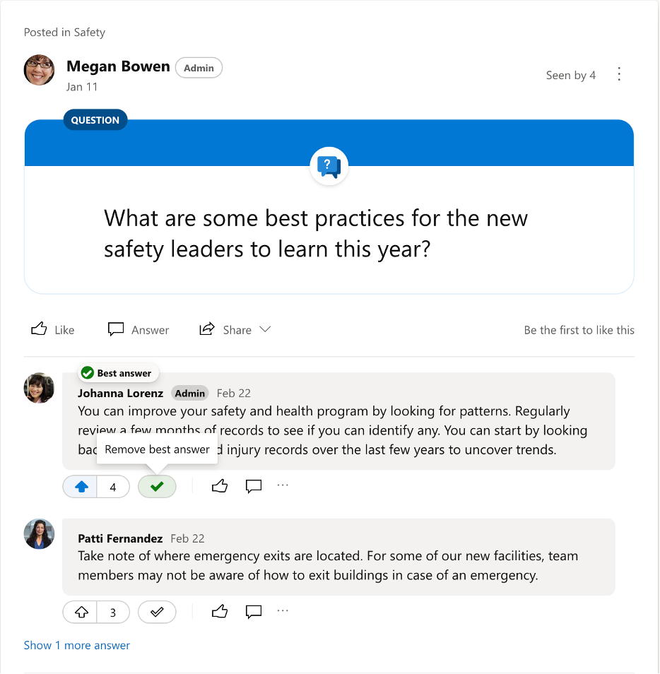 Fjern markering af bedste svar på et Yammer-spørgsmål