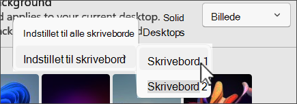 Skærmbillede, der viser flere valgmuligheder på skrivebordet i baggrunden.